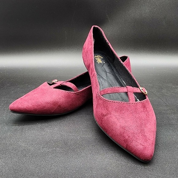 FIONI Clothing Shoes - Fioni Pointed Toe Mary Jane‎ Flats Womens 8.5 Burgundy Faux Suede Buckle Strap